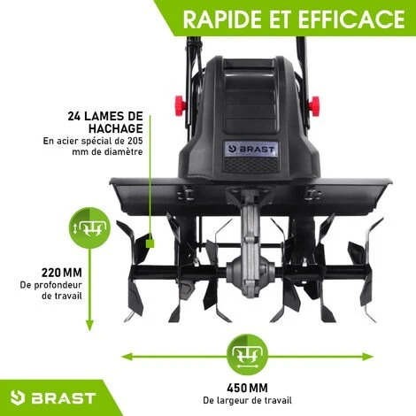 Motobineuse Électrique BRAST 1500W - 24 Lames/6 Fraises - Largeur 45cm - 400 Trs/min - Roues Transport Rabattables 3 Motobineuse Électrique BRAST 1500W - 24 Lames/6 Fraises - Largeur 45cm - 400 Trs/min - Roues Transport Rabattables – Image 3