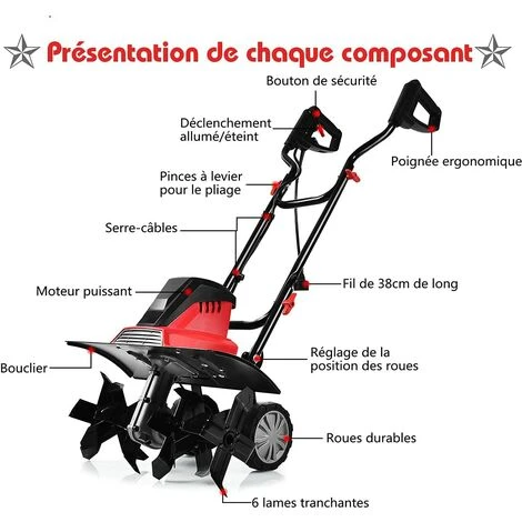 RELAX4LIFE Motobineuse Électrique 1500W - 400 RPM - Profondeur 22 cm - Largeur 43 cm - 6 Lames - Poignée Pliable - Sécurité Jardin 2 RELAX4LIFE Motobineuse Électrique 1500W - 400 RPM - Profondeur 22 cm - Largeur 43 cm - 6 Lames - Poignée Pliable - Sécurité Jardin – Image 2