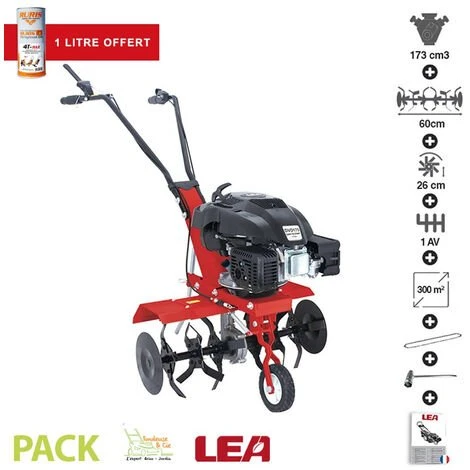 Pack Huile + Motobineuse Thermique 5,5 Cv 6 Fraises Travail 60cm LEA LE41175-60W 1 Pack Huile + Motobineuse Thermique 5,5 Cv 6 Fraises Travail 60cm LEA LE41175-60W